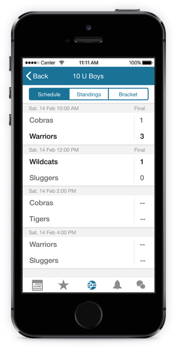 A picture of the tournaments mobile app.